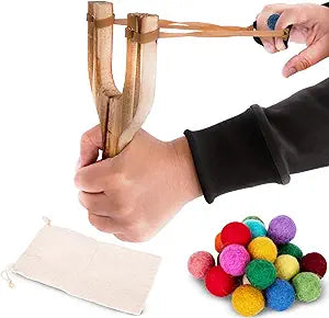 ArtCreativity Wooden Slingshot with 20 Wool Balls - Wood Slingshot for Kids - Shoots Balls Over 20 Feet - Soft Balls for Safe Play - Wooden Catapult Outdoor Toys for Kids - Strong Sling Shot Kit…