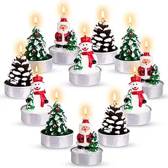 Bulk Christmas Candle Set - Includes 12 Christmas Tealight Candles in Festive Designs - Indoor Christmas Decorations - Xmas Party Supplies - Tealight Candles (Bulk) for Holiday Décor