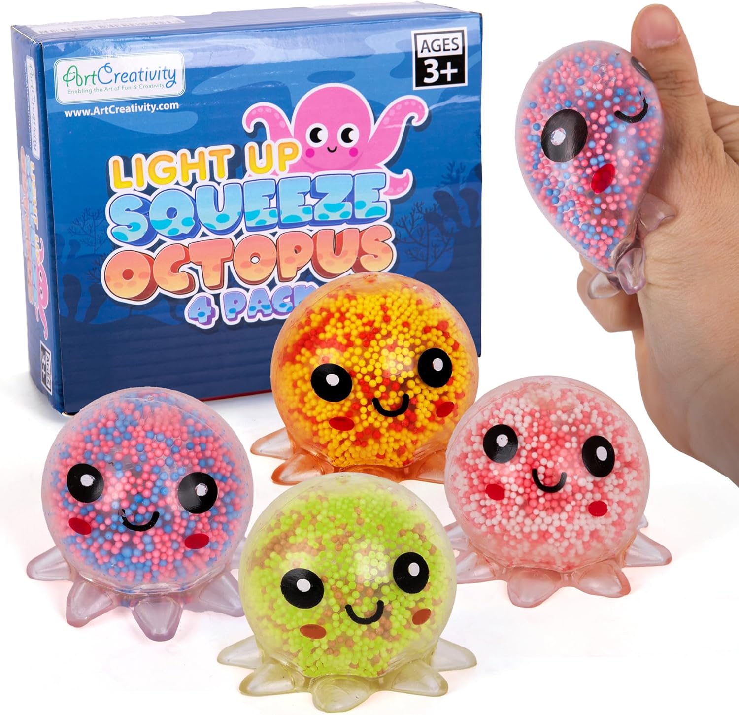 ArtCreativity Light Up Squishy Octopus Toys, Set of 4 Squishes, Bulk Stress Toys for Kids and Adults, Underwater Party Supplies, Fun Aquatic Birthday Party Favors, Sensory Toys for Autism, 4 Colors