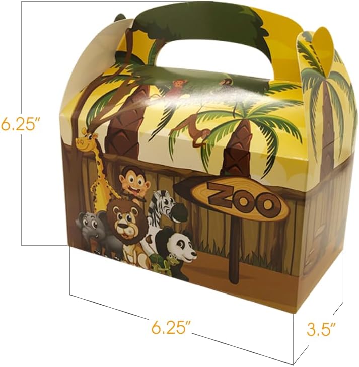 ArtCreativity Zoo Animal Treat Boxes for Candy, Cookies and Party Favors - Pack of 12 Cookie Boxes, Cute Cardboard Boxes with Handles for Jungle Themed Birthday Party Favors, Holiday Goodies