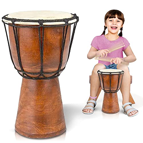 ArtCreativity 16 Inch Wooden Drum Set with Sticks, Rustic Brown Wood and Authentic Design, Fun Musical Instrument for Kids, Great Gift Idea for Boys and Girls