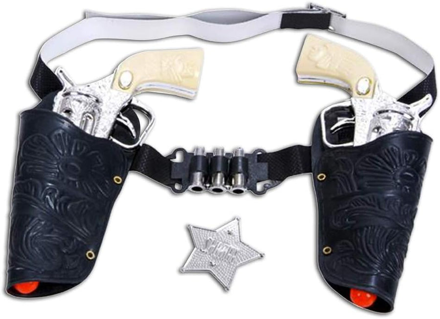 Cowboy Toy Gun Holster and Belt 9 Piece Set for Kids. 2 Toy Pistols, 1 Sheriff Badge, 2 Gun Holsters, and 3 Play Bullets, 1 Adjustable Belt, Old Western Action Belt for Sheriff, Halloween Costume