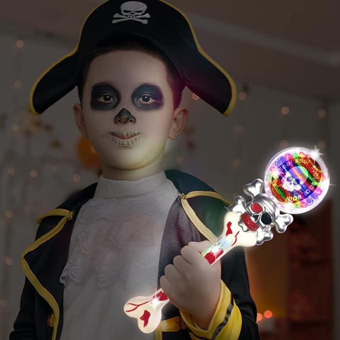 ArtCreativity Light Up Spinning Skull Wand, 14 Inch LED Spin Toy for Kids, Batteries Included, Great Halloween Toy for Kids Gift Idea for Boys and Girls, Pirate Birthday Party Favor, Carnival Prize