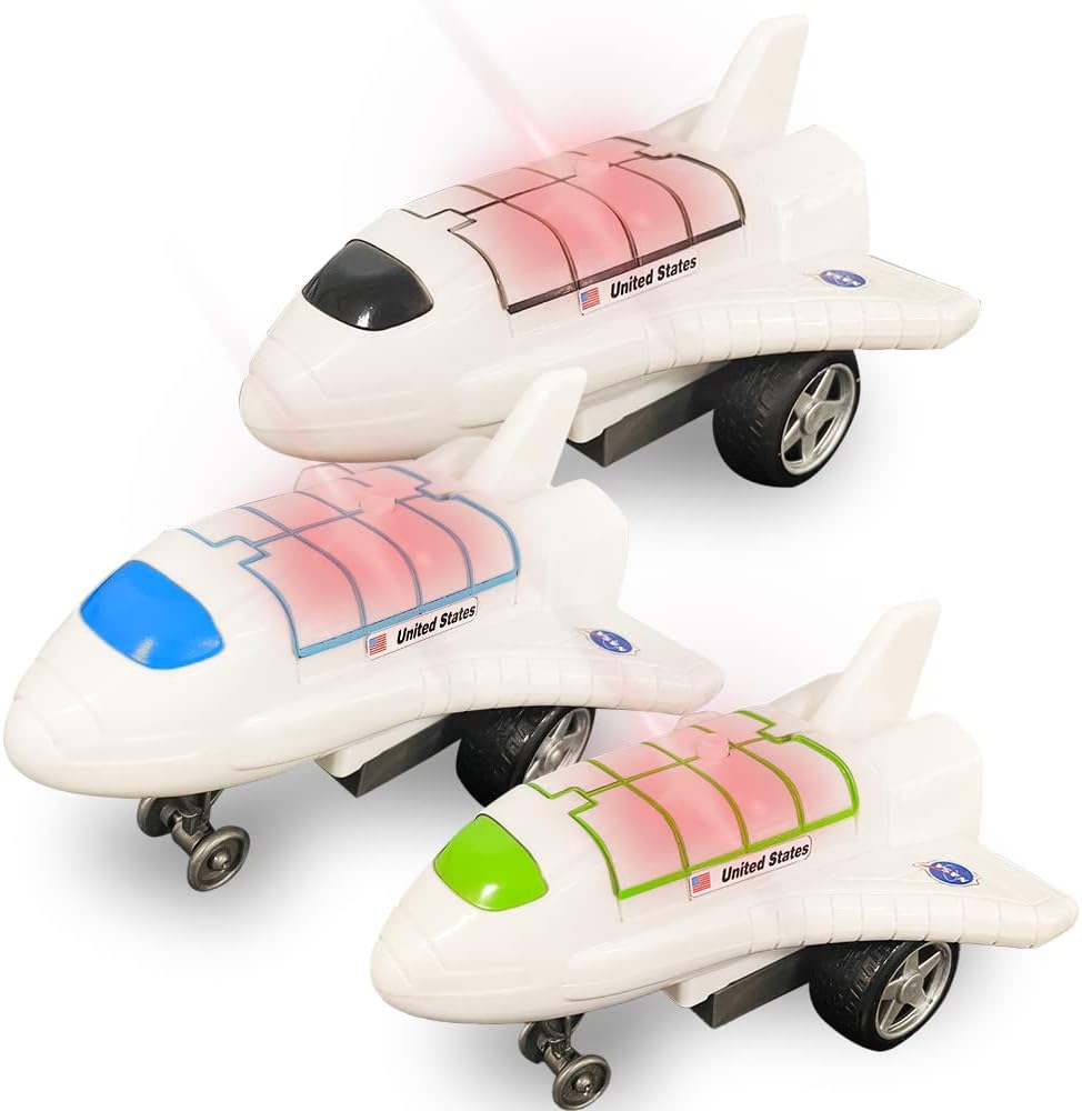 ArtCreativity Light Up Space Shuttle Toys, Battery Operated Spaceship Toy with LEDs, Sound, and Push and Go Motion, NASA Toys Outer Space Shuttle Toy Gifts for Boys and Girls, Set of 3,