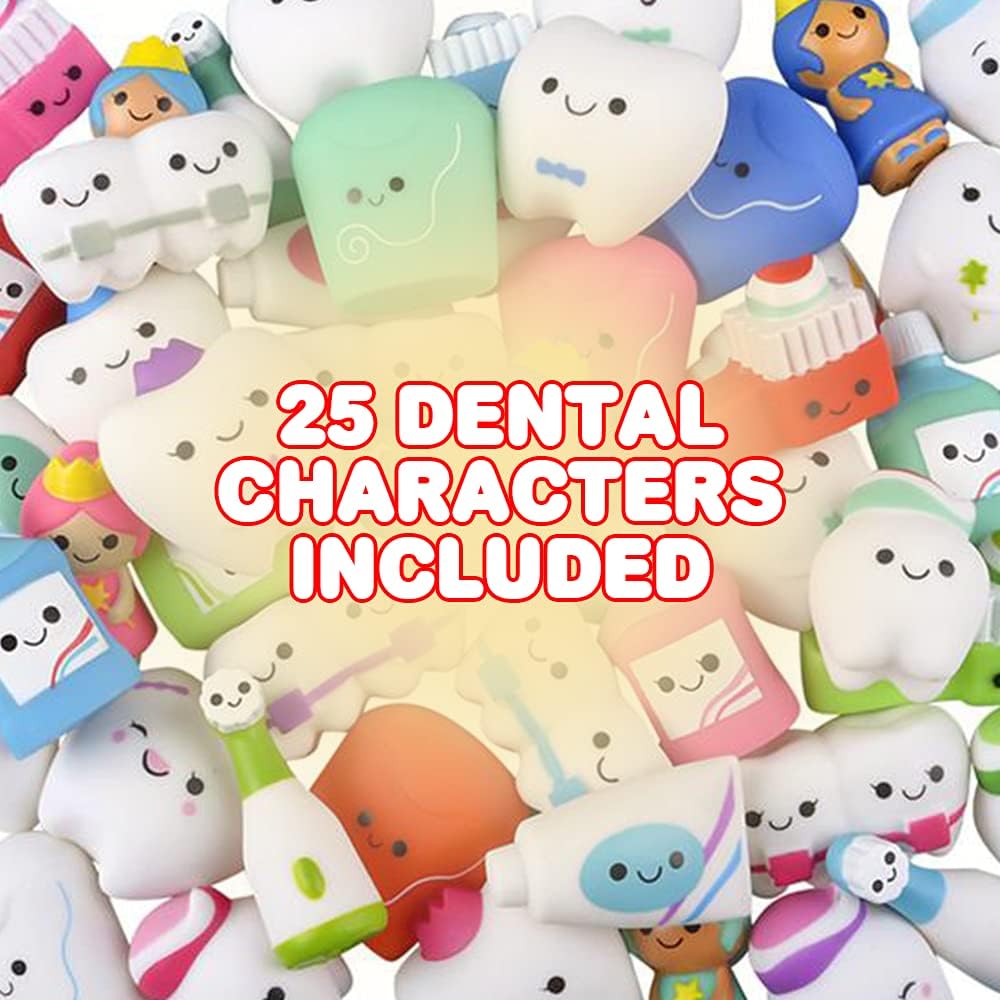 ArtCreativity Dental Character Assortment, Set of 25, Cute Tooth Fairy Toys for Kids, Rubbery Dentist Office Giveaways for Children, Holiday Stocking Stuffers, Unique Birthday Party Favors
