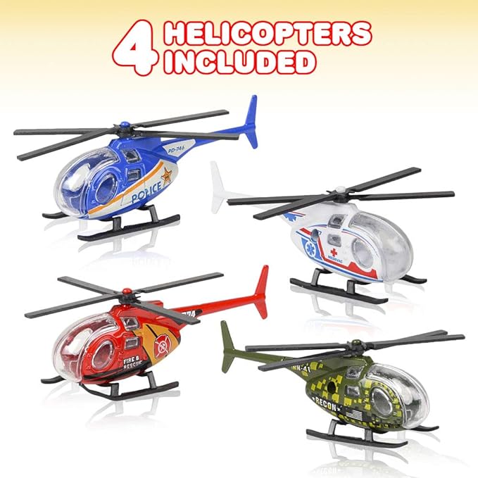 ArtCreativity Diecast Helicopters - Pack of 4 - Police, Fire Engine, EMS, and Military Diecast Toy Choppers with Spinning Propellers, Birthday Party Favors for Boys and Girls