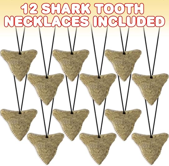 ArtCreativity Prehistoric Shark Tooth Necklaces, Set of 12, Rubber Shark Tooth with a Striking Aged Look, Shark and Dinosaur Party Favors for Kids, Fun Goodie Bag Fillers for Boys and Girls