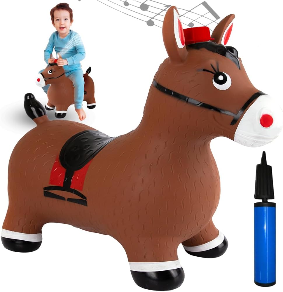 Bouncy Horse Hopper with Music, Ride on Rubber Horse for Active Indoor and Outdoor Play, Inflatable Horse Toy for Kids (Pump Included)