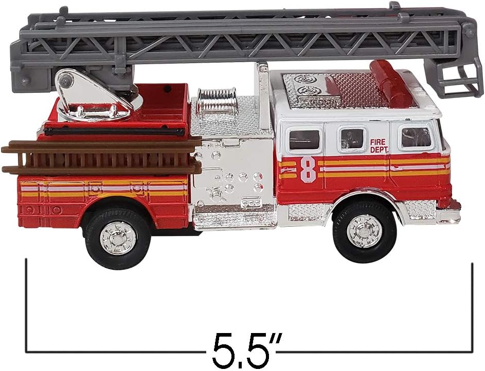 ArtCreativity 5.5 Inch Fire Trucks - Set of 2 - Pull Back Firetruck Toy Cars for Boys and Girls - Includes Metal Ladder Truck and Fire Engine - Best Birthday Gift for Kids, Toddlers