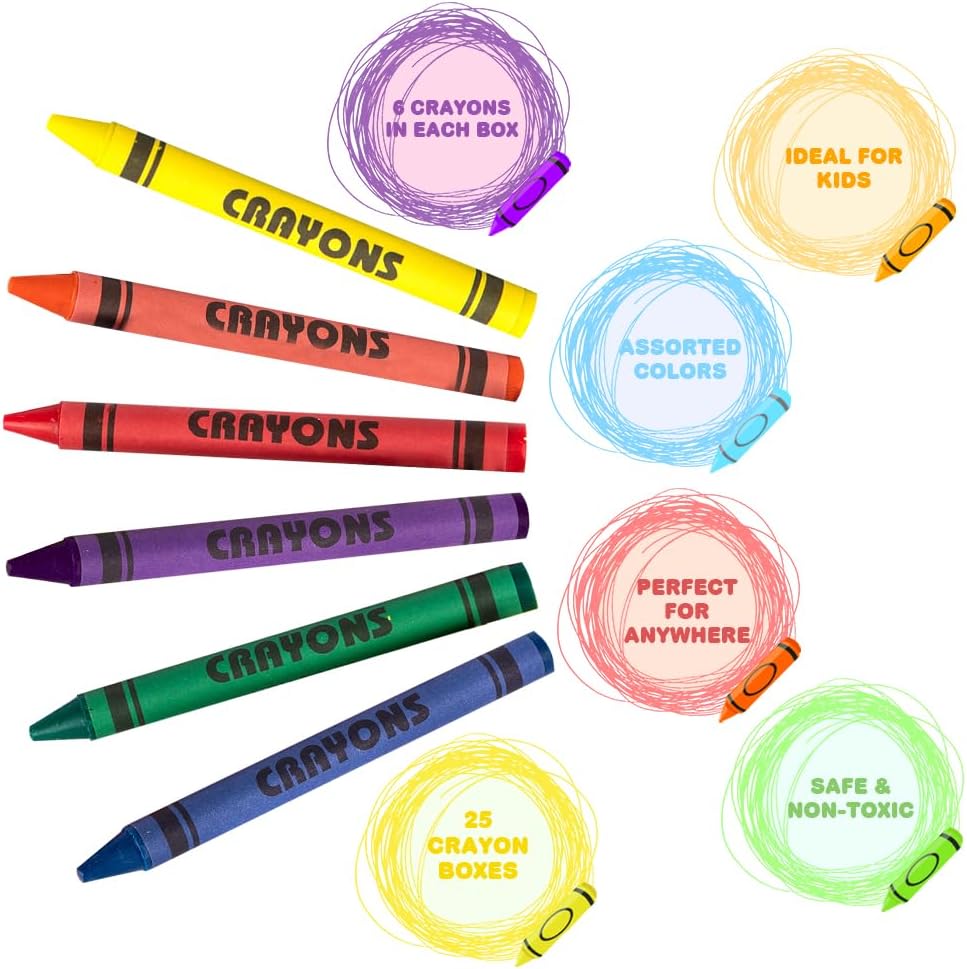ArtCreativity Bulk Crayon Packs, 25 Sets of 6 Packs of Crayons (150ct), Classroom Crayons for Students, Non-Toxic Crayon Party Favors for Kids, Arts & Crafts Supplies 3+