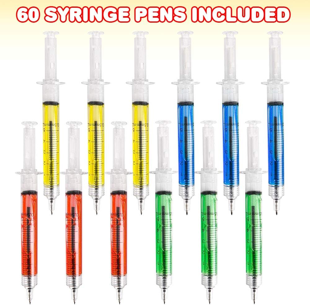 Syringe Pens for Kids- Bulk Pack of 60 - Retractable Fun Assorted Color Pens for Nurse Party Favors, Goodie Bag Fillers, Cool Nursing Student School Supplies - for Boys & Girls