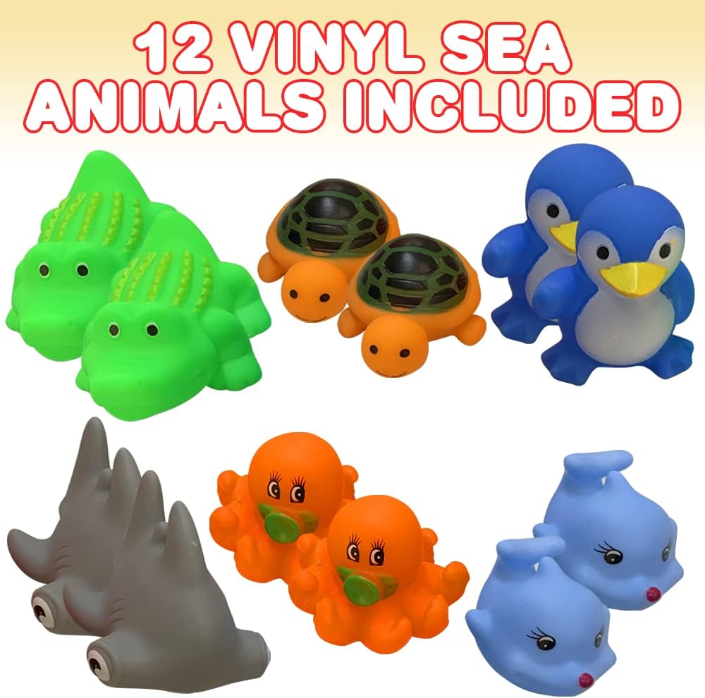 ArtCreativity Vinyl Sea Animals, Pack of 12 Assorted Squeezable Toys, Aquatic Birthday Party Favors for Kids, Fun Bath Tub and Pool Toys for Children, Educational Learning Aids for Boys and Girls