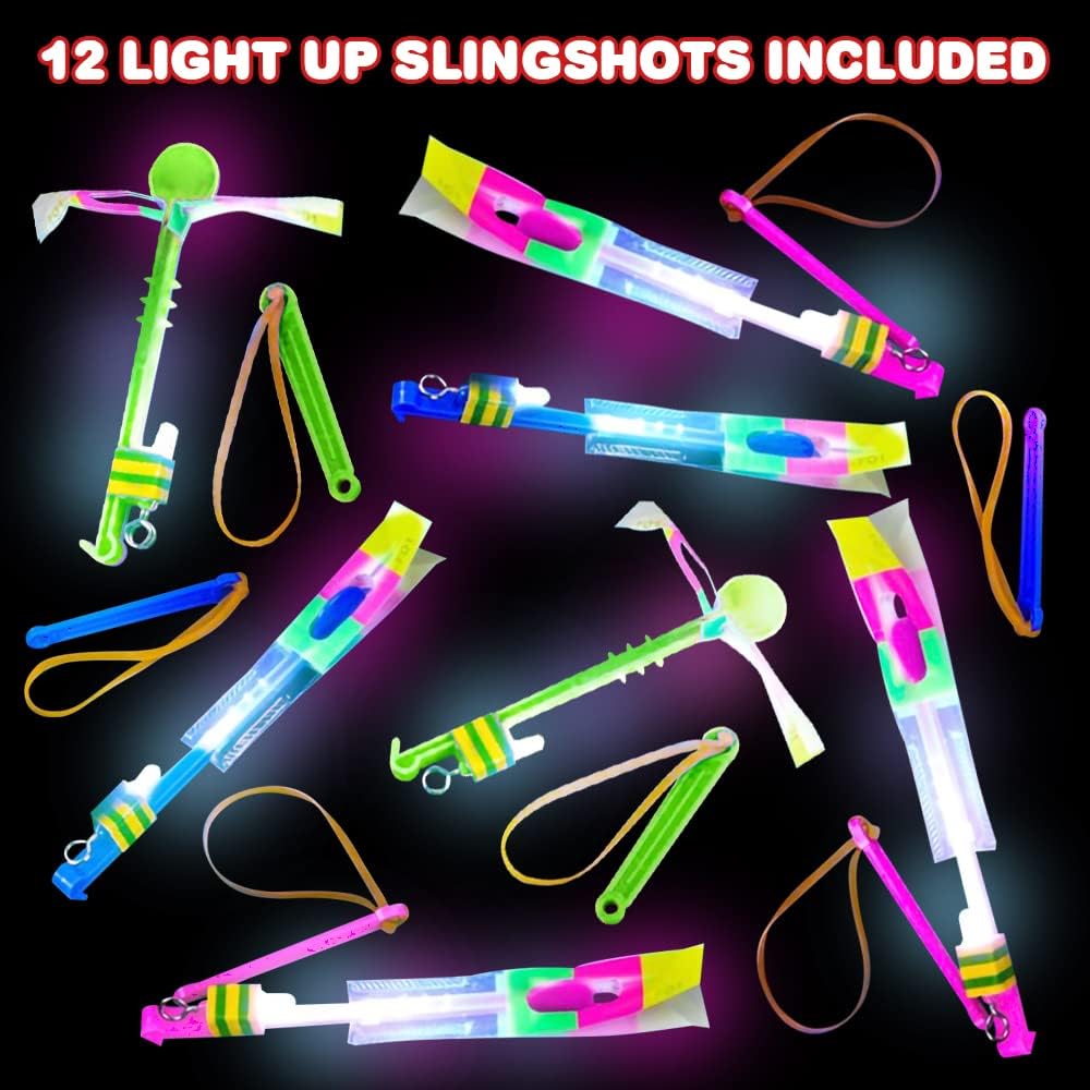 ArtCreativity Light-Up Slingshot Dragonfly for Kids, Set of 12, LED Sling Shots for Nighttime Fun, Outdoor Flying Toys for Boys & Girls, Glow Light-Up Party Favors and Goodie Bag Fillers for Children