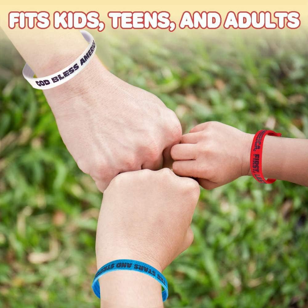 Patriotic Bracelet Assortment, Pack of 12, Red, White, and Blue Wristbands with Patriotic Sayings, 4th of July Party Favors, Cotton Wrist Bands with Plastic Clasp Closure