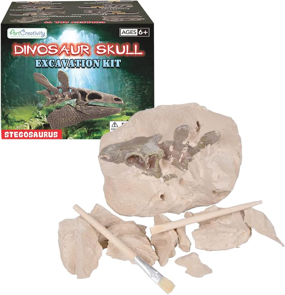 ArtCreativity Dinosaur Excavation Kit for Kids, 5.5” Stegosaurus Skull Excavating Set with Fossil Digging Tools and Stand, Fun Science Activity Toy, Educational Dinosaur Gift for Boys and Girls