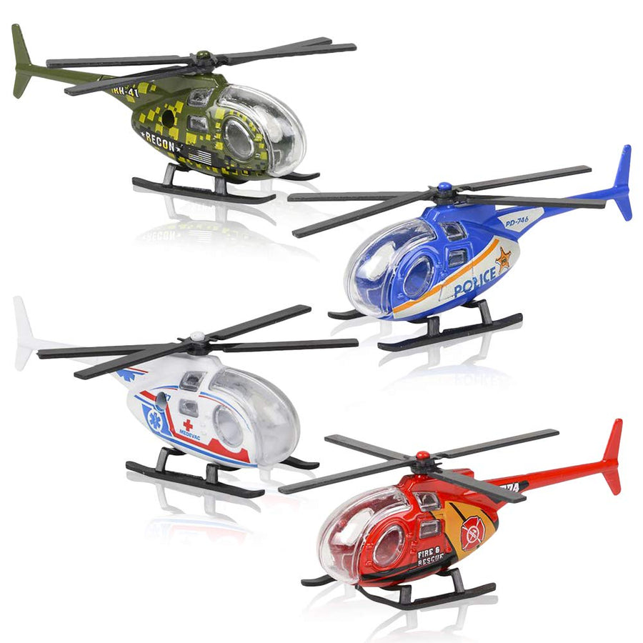Diecast Helicopters - Pack of 4 - Police, Fire Engine, EMS, and Military