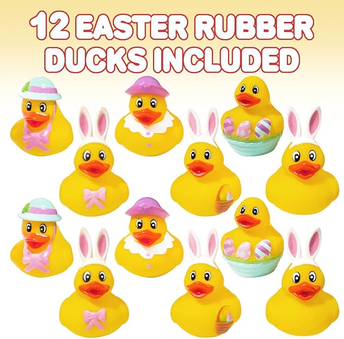 2.5 Inch Assorted Easter Rubber Duckies for Kids, Pack of 12