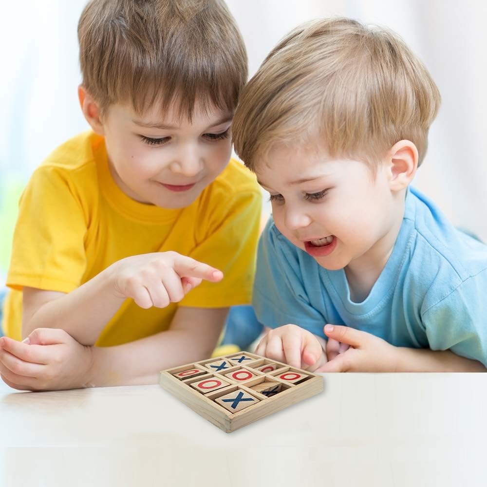 Wooden Tic-Tac-Toe Game, Small Travel Game with Fixed Spinning Pieces, Classic Wood Game for Kids, Fun Indoor Game Night Activity for Boys and Girls