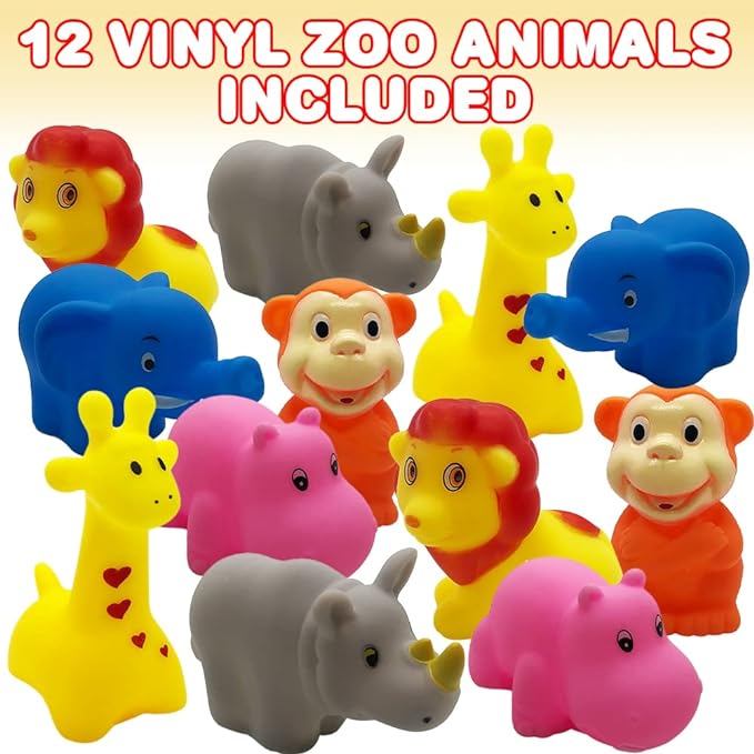 ArtCreativity Vinyl Zoo Animals, Pack of 12 Assorted Squeezable Toys, Safari Birthday Party Favors for Kids, Fun Bath Tub and Pool Toys for Children, Educational Learning Aids for Boys and Girls