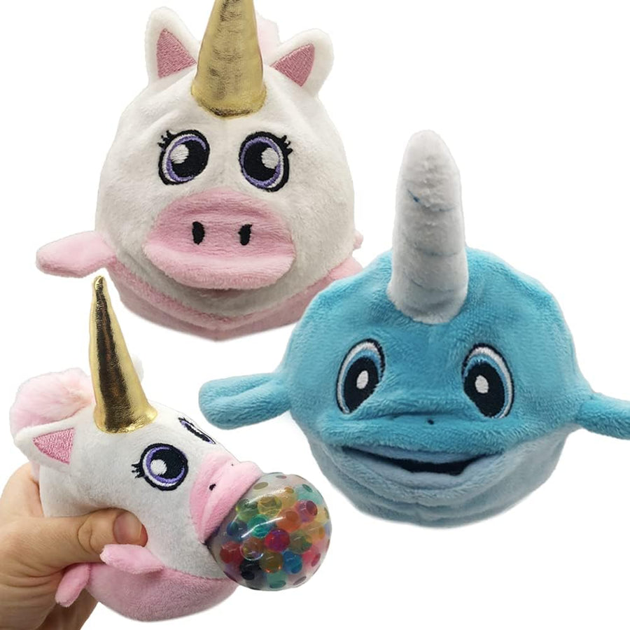 ArtCreativity Plush Animal Toys with Squeezy Water Beads, Set of 2 Small Stuffed Animals, Includes 1 Unicorn and 1 Whale Plush Toy, Stress Relief Anxiety Toys, Cute Stuffed Animal for Boys and Girls,