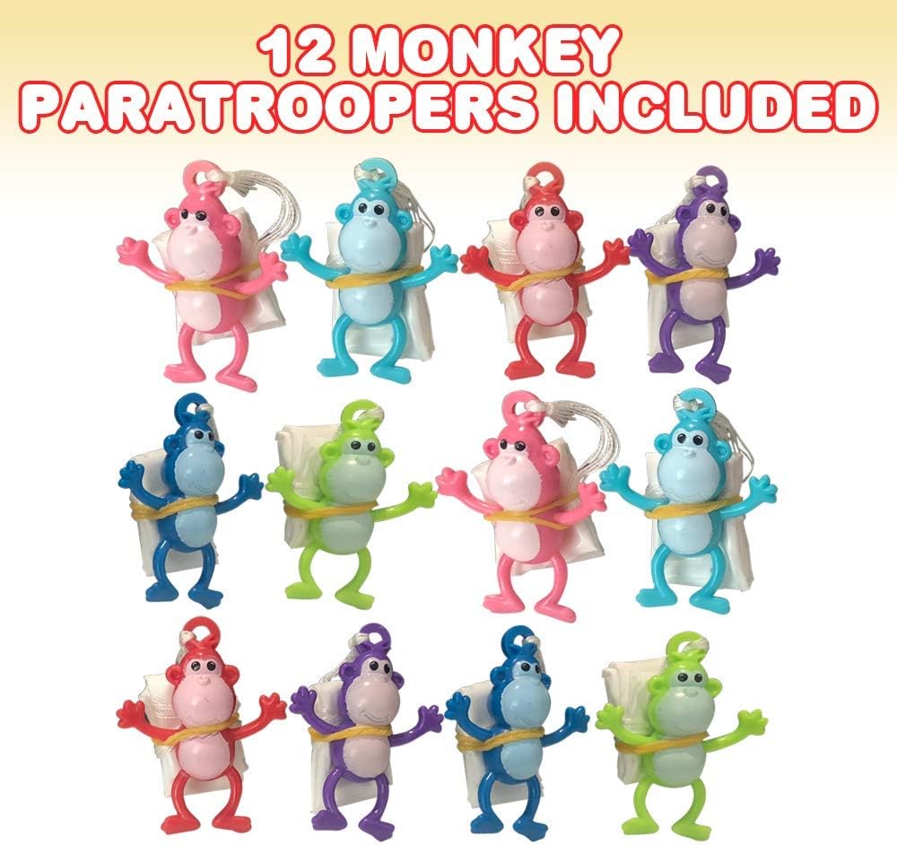 ArtCreativity Mini Monkey Paratroopers with Parachutes, Pack of 12, Vinyl Parachute Toys in Assorted Colors, Durable Plastic Guys Playset, Fun Zoo Animal Themed Party Favors for Boys & Girls