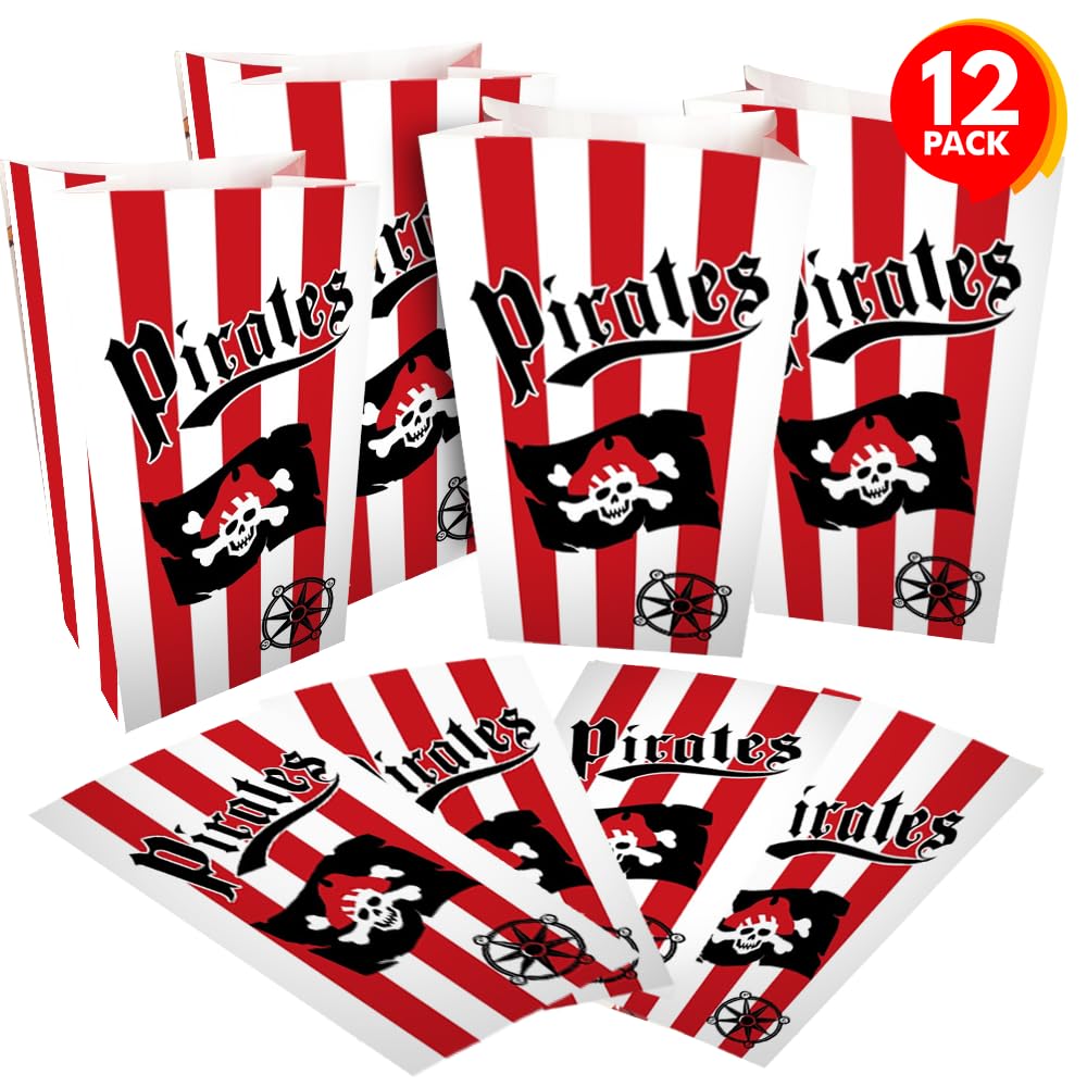 ArtCreativity Pirate Party Favor Bags, Pack of 12, Pirate Themed Goodie Gift Paper Bags, Durable Treat Bags, Pirate Party Supplies and Favors for Birthday, Baby Shower, Holiday Goodies