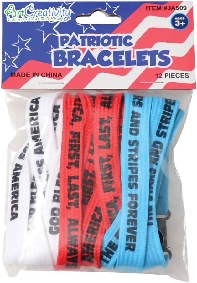 Patriotic Bracelet Assortment, Pack of 12, Red, White, and Blue Wristbands with Patriotic Sayings, 4th of July Party Favors, Cotton Wrist Bands with Plastic Clasp Closure