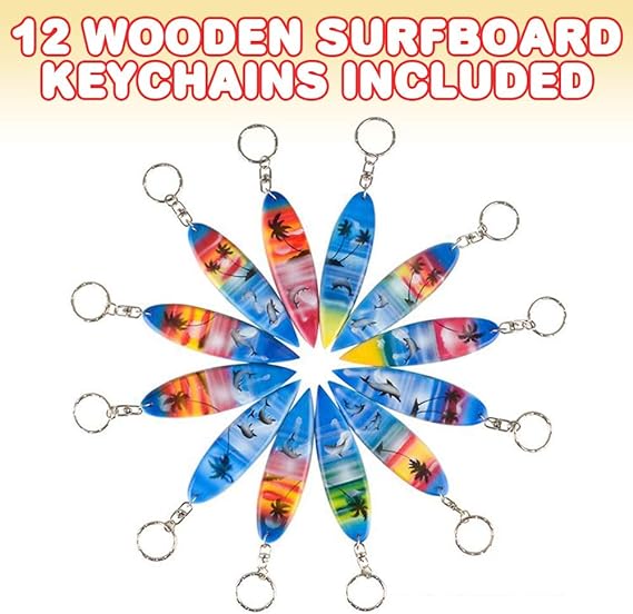 ArtCreativity Wooden Surfboard Keychains, Set of 12, Fun Key Chains for Backpack, Purse, Luggage, Great Giveaways for Birthday, Luau, Beach, and Pool Parties, Cool Goodie Bag Fillers for Kids