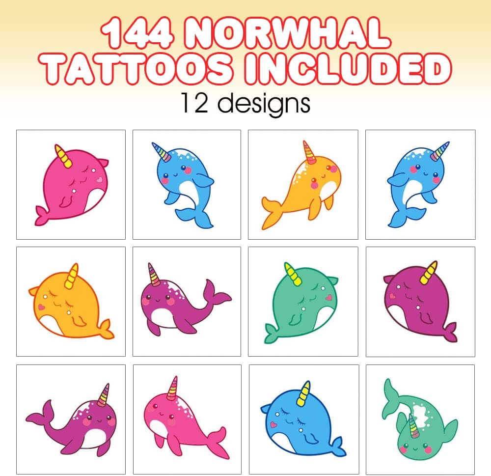 ArtCreativity Narwhal Temporary Tattoos for Kids - Bulk Pack of 144 in Assorted Colors, Non-Toxic 2 Inch Narwhal Tats, Birthday Party Favors, Goodie Bag Fillers, Non-Candy Halloween Treats