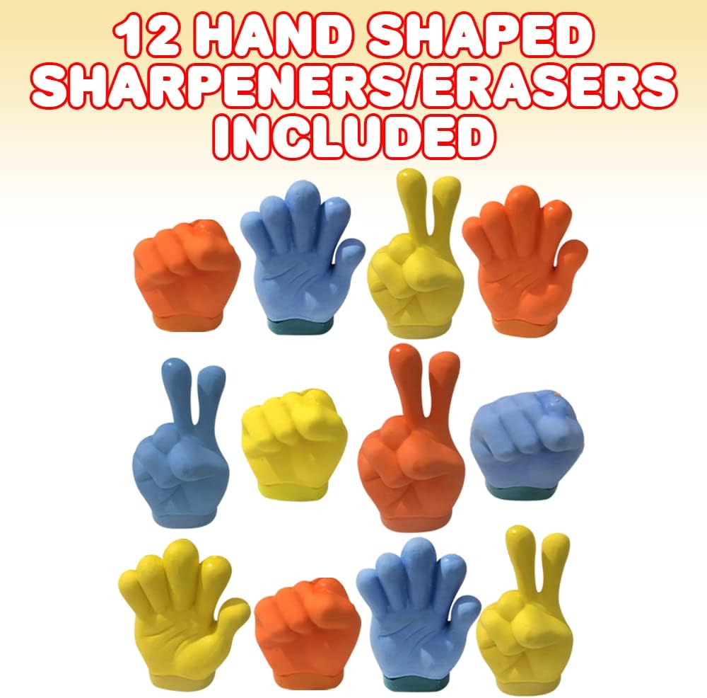 Hand Shaped Erasers with Sharpeners, Set of 12