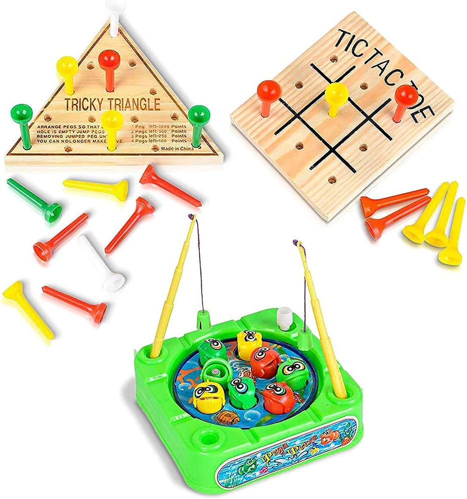 Gamie Travel Road Trip Games for Kids and Adults - 3 Pieces - Set includes Mini Tic-Tac-Toe, Triangle Game, and Fishing Game