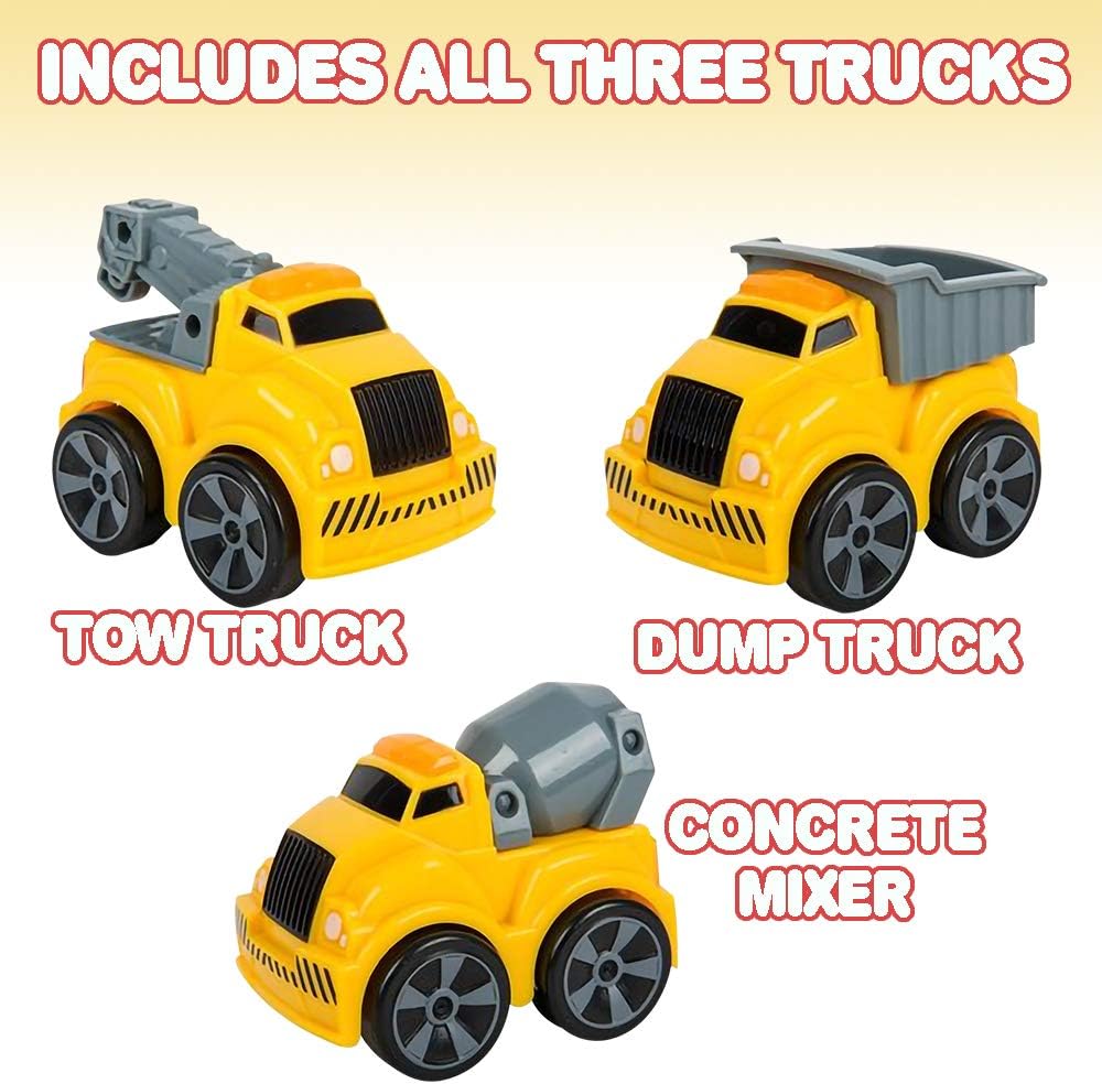 3.5 Inch Pull Back Construction Vehicle Toys for Kids - Set of 3 - Includes Mini Dump Truck, Tow Truck, and Concrete Mixer