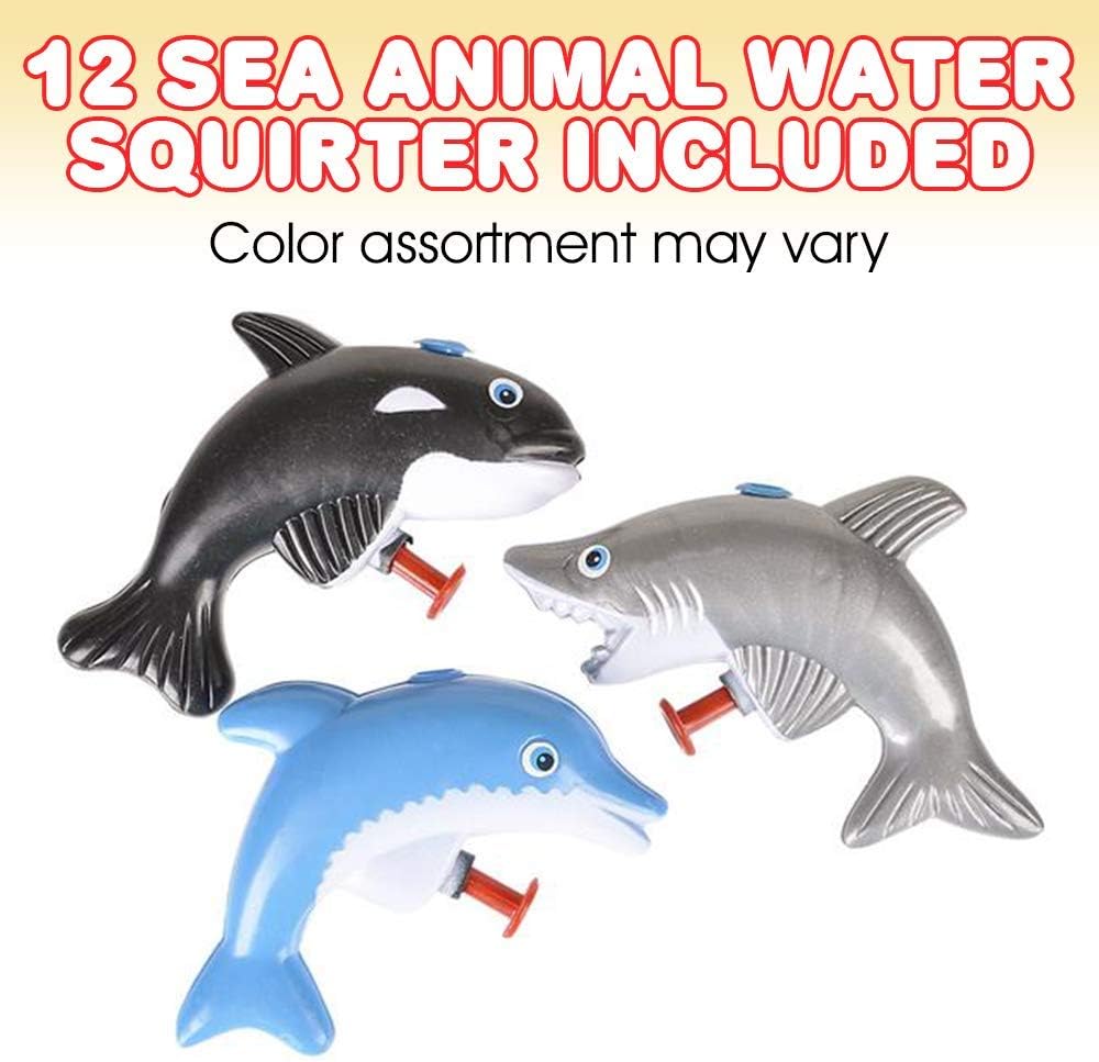 ArtCreativity Sea Animal Water Squirters, Pack of 12, Dolphin, Shark, and Whale Water Squirt Toy Guns for Swimming Pool, Beach, and Outdoor Summer Fun, Cool Birthday Party Favors for Boys and Girls