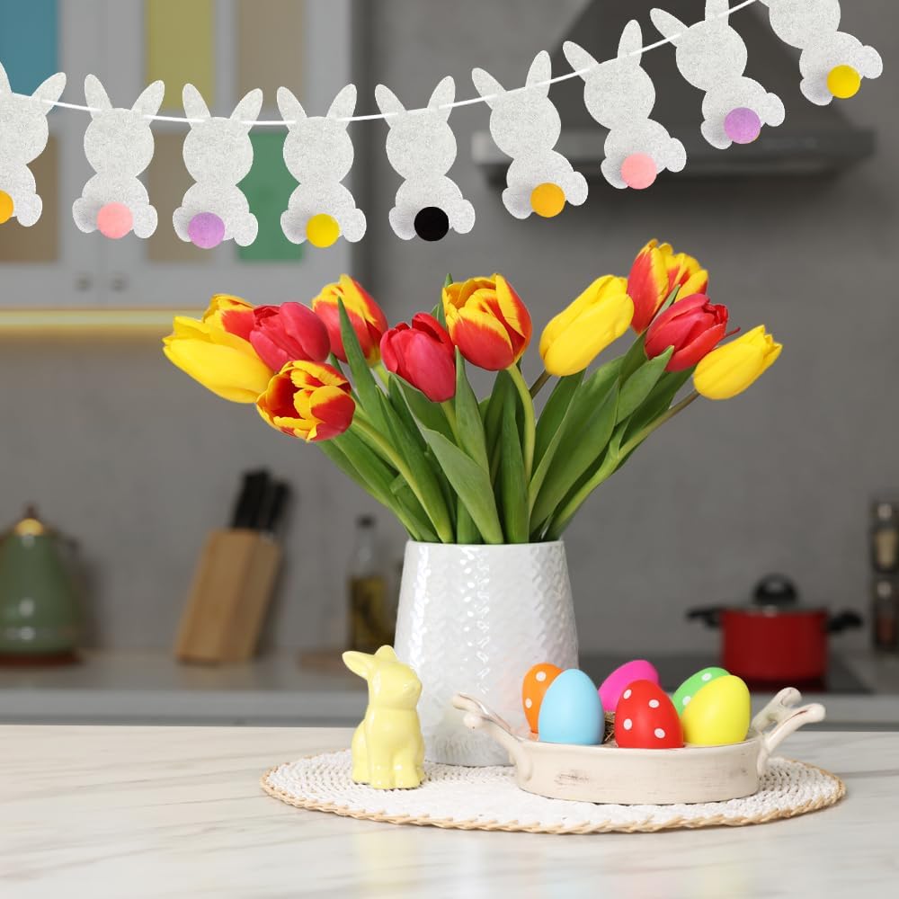 Easter Bunny Garland - Easter Decorations Set with 10 Felt Rabbits, 9 Feet of Ribbon, and Needle for Stringing - Easter Bunny Decorations for the Home - Cute Easter Décor