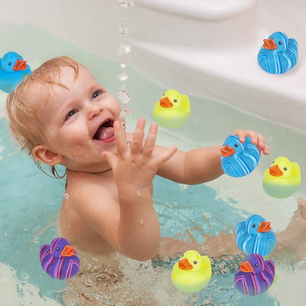 ArtCreativity Multicolored Pattern Rubber Duckies for Kids, Pack of 12 Cute Duck Bath Tub Pool Toys, Fun Carnival Supplies, Birthday Party Favors for Boys and Girls