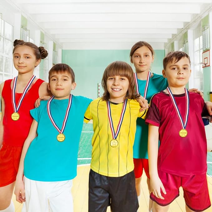 ArtCreativity Gold Prize Medal for Kids, Set of 12 Medals on Ribbon Necklaces, Olympic Style Metal Winner Awards for Sports, Talent Show, and Spelling Bee, Gymnastic Birthday Party Favors