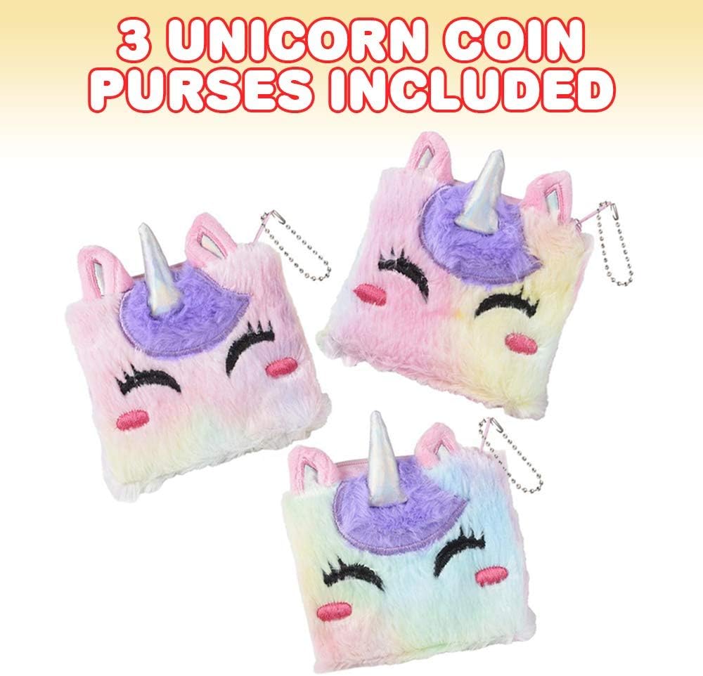 Plush Unicorn Coin Purses, Set of 3, Soft Fluffy Coin Bags with Zippers, Cute Unicorn Gifts for Girls, Rainbow Goodie Bag Fillers Unicorn Birthday Party Favors for Kids