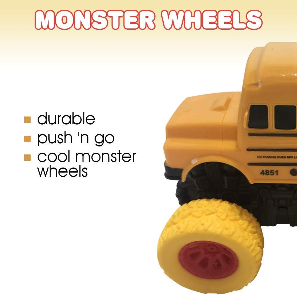 ArtCreativity Yellow School Bus Toy with Yellow Monster Truck Tires, Push n Go Toy Car for Kids, Durable Plastic Material, Best Birthday Gift for Boys, Girls, Toddlers