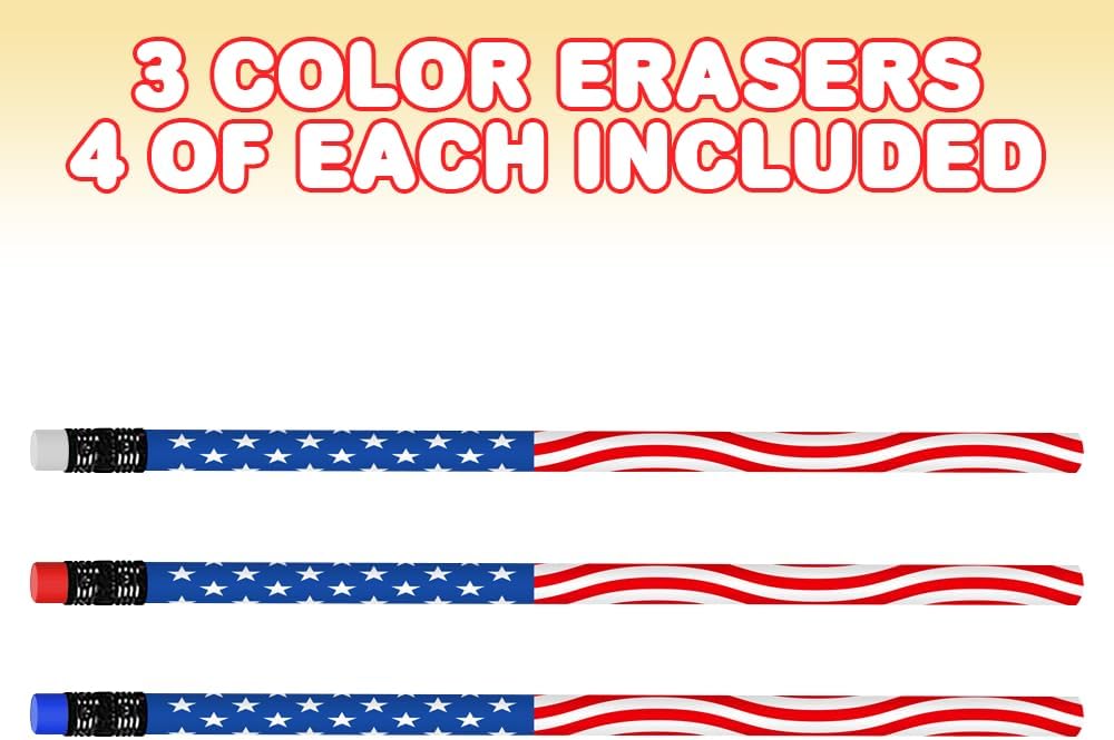 ArtCreativity American Flag Pencils, Set of 12, Cool Patriotic Writing Pencils with Erasers, 4th of July Party Favors, Patriotic Party Goody Bag Fillers, Teacher Supplies for Classroom