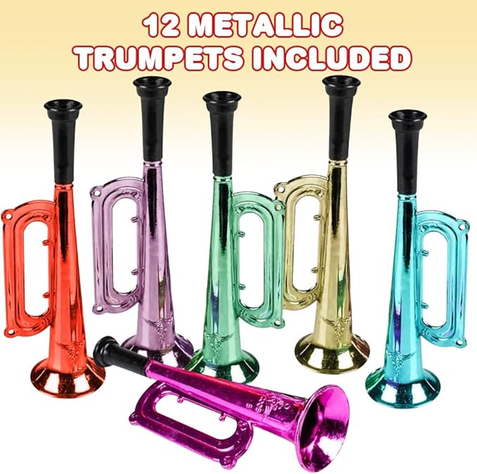 ArtCreativity 7 Inch Metallic Trumpets, Set of 12, Fun Plastic Musical Instruments Noise Makers for Parties and Events, Music Toys for Kids, Cool Birthday Party Favors for Boys and Girls
