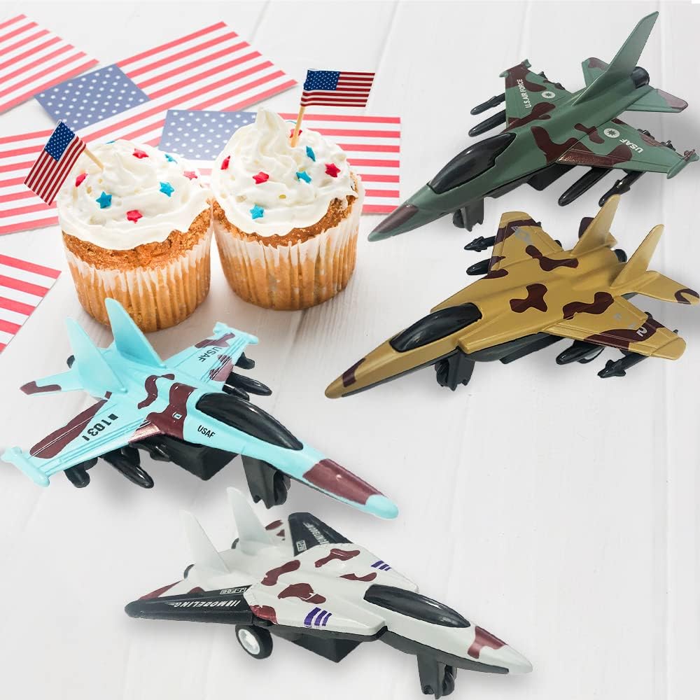 ArtCreativity Diecast Fighter Jets, Pullback Mechanism, Set of 4, Diecast Metal Jet Plane Fighter Toys for Boys, Air Force Military Cake Decorations, Pull Back Airplane Party Favor