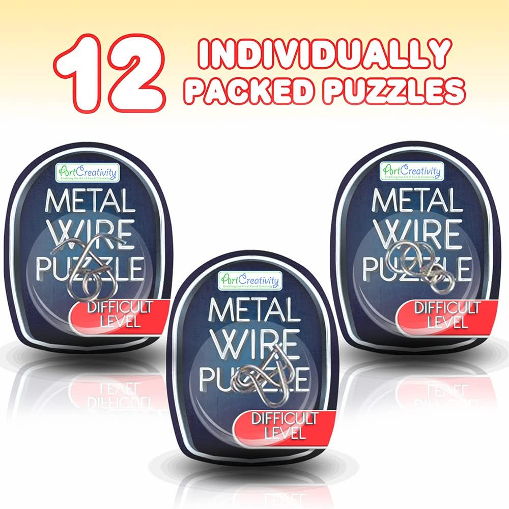 Metal Wire Puzzle Set by ArtCreativity with a 15 Dollar Gift Card Challenge - 12 Unique Individually Packed Puzzles - Fun Brain Teaser IQ Game for Kids and Adults - Great Educational Toy