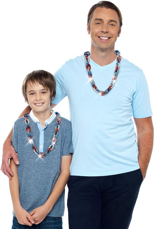 Light-Up Chunky Chain Patriotic Necklace, Big 38 Inch Chain, 4th of July Accessories for Women, Men, and Kids, Red, White, and Blue Decorations for Memorial and Independence Day