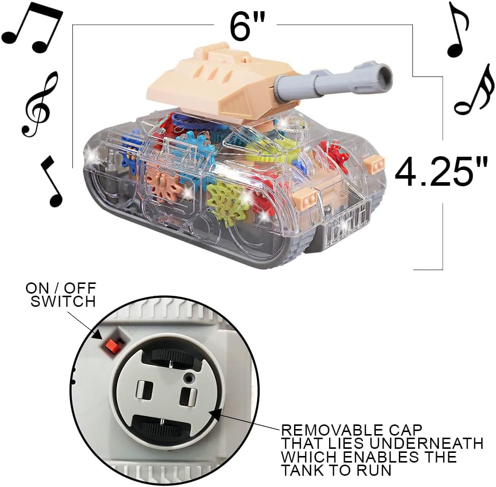 ArtCreativity Light Up Transparent Gear Tank Toy for Kids, Bump and Go Army Toy Tank with Colorful Moving Gears, Music, and LEDs, Fun Educational Army Tanks Toys for Boys, Great Toddler Light Up Toy