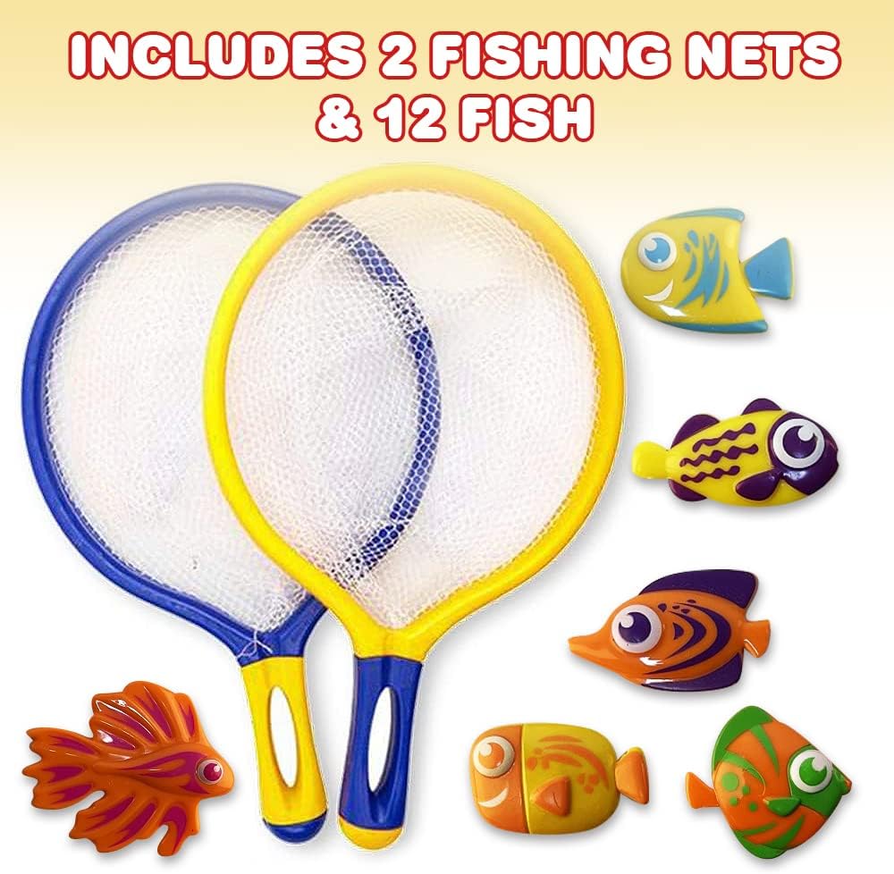 ArtCreativity Fishing Net Catch Game, Set of 2, Each Set with 1 Fishing Net and 6 Colorful Fish Toys, Pool Toys for Kids, Bathtub Toys for Boys and Girls, Summer Toys and Great Gift for Children