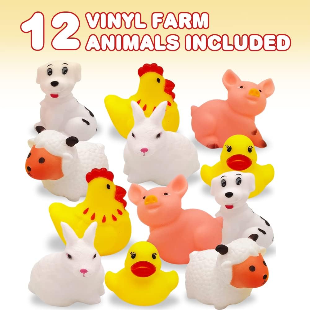 ArtCreativity Vinyl Farm Animals, Pack of 12 Assorted Squeezable Toys, Farm Birthday Party Favors for Kids, Fun Bath Tub and Pool Toys for Children, Educational Learning Aids for Boys and Girls