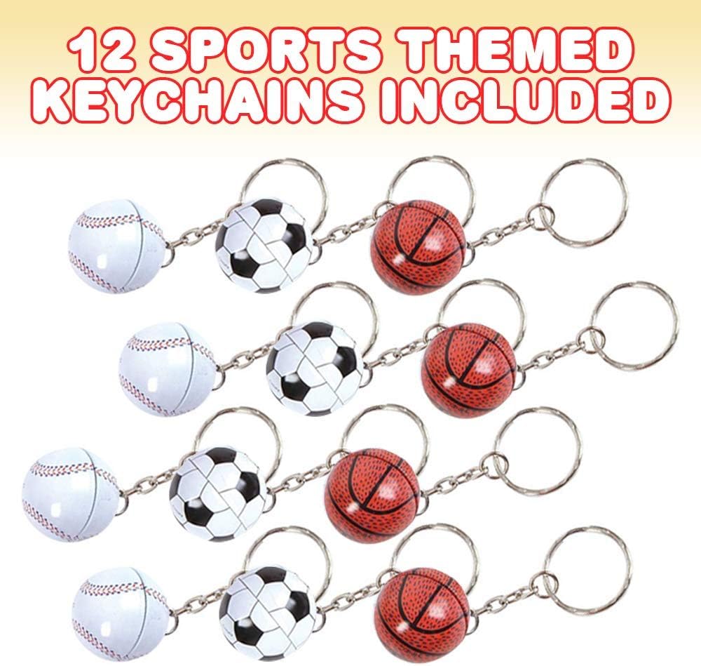 ArtCreativity Metal Sports Ball Keychains, Set of 12, Fun Keychains for Backpack, Purse, Luggage, Sports Themed Party Favors, Goodie Bag Fillers for Boys and Girls