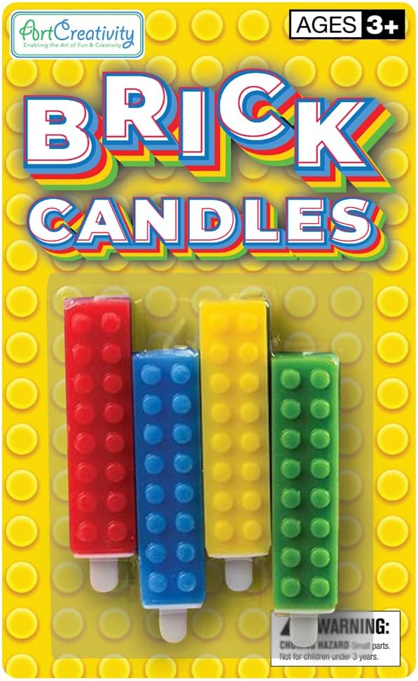 ArtCreativity Brick Candles, Building Block Themed Birthday Cake Candles- Pack of 4- Red, Yellow, Green, and Blue Brick Party Candles, Colorful Building Block Birthday Party Supplies and Decoration