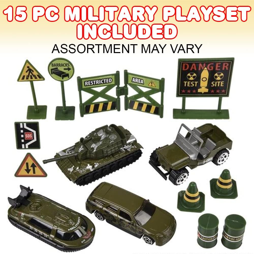 Diecast Military Playset for Kids, 15-Piece Set