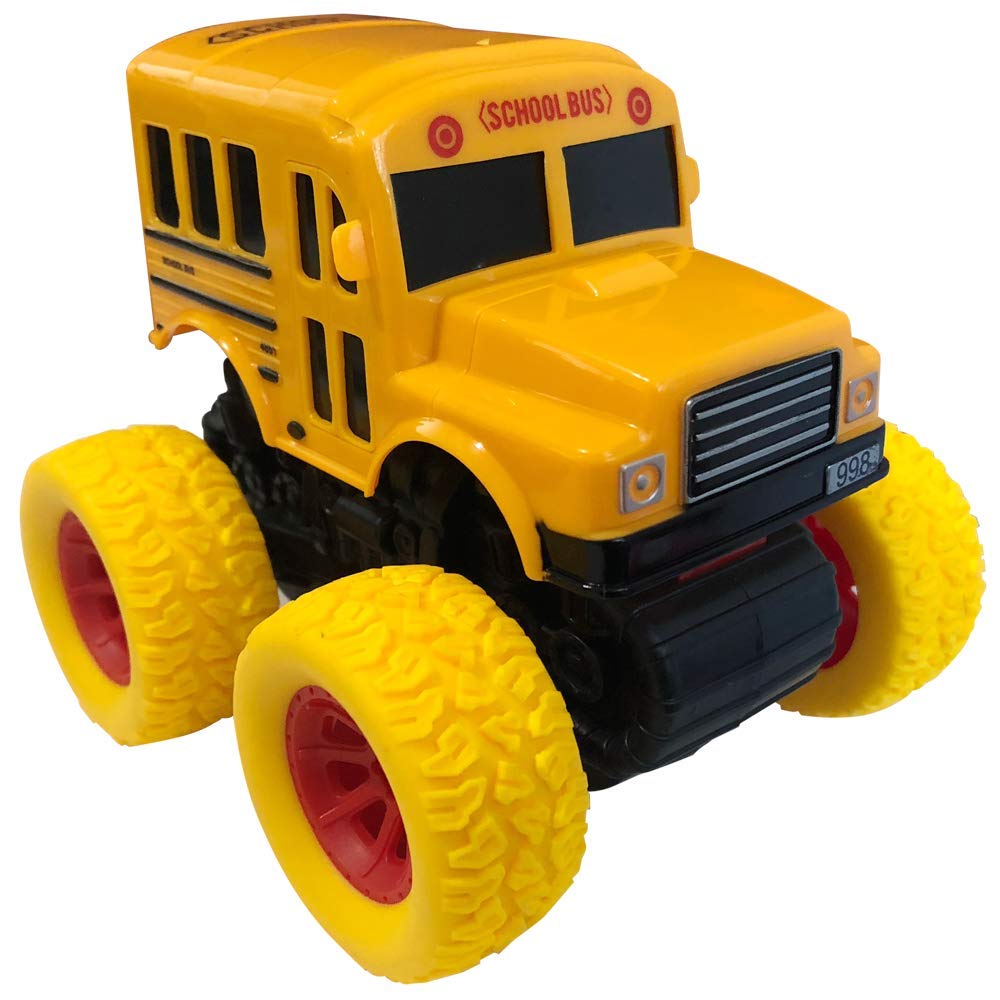 Yellow School Bus Toy with Yellow Monster Truck Tires, Push n Go